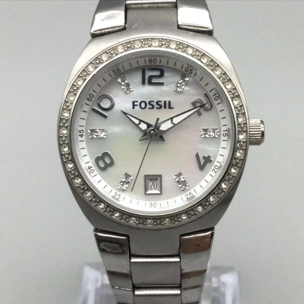Fossil Womens Watch 28mm MOP Dial Crystals Date Stainless New Battery 6.5